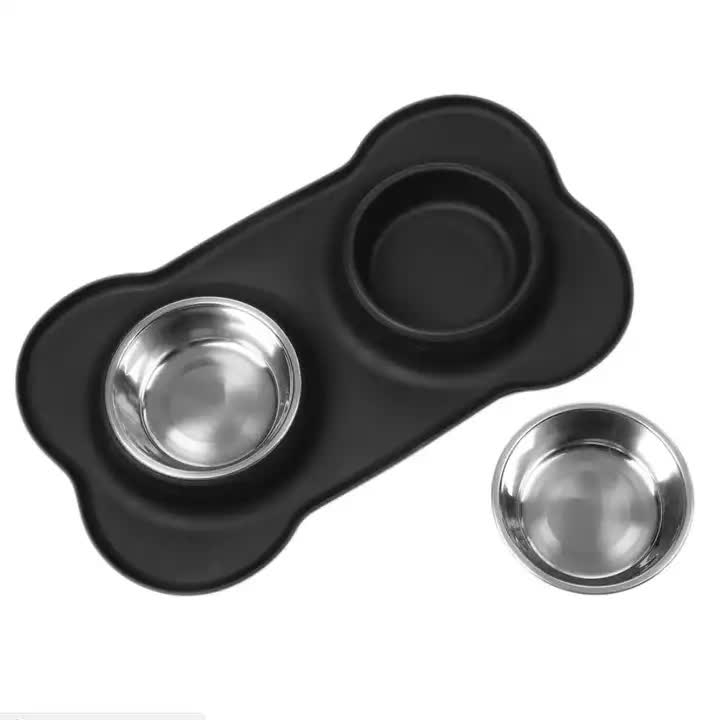 Black Non-Slip Stainless Steel Double Pet Bowl Set with Spill-Resistant Silicone Mat - 45cm x 27cm