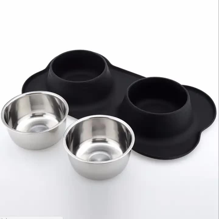Black Non-Slip Stainless Steel Double Pet Bowl Set with Spill-Resistant Silicone Mat - 45cm x 27cm