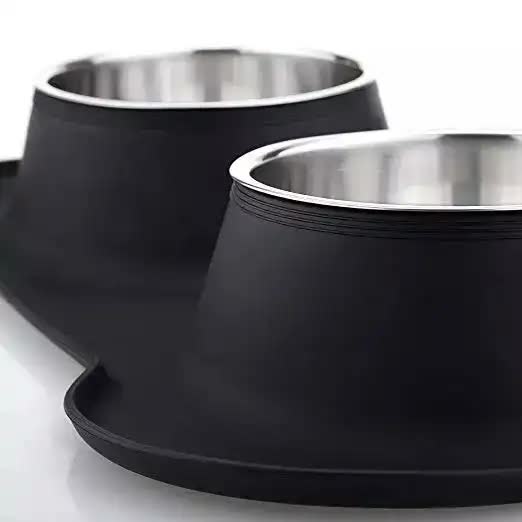 Black Non-Slip Stainless Steel Double Pet Bowl Set with Spill-Resistant Silicone Mat - 45cm x 27cm