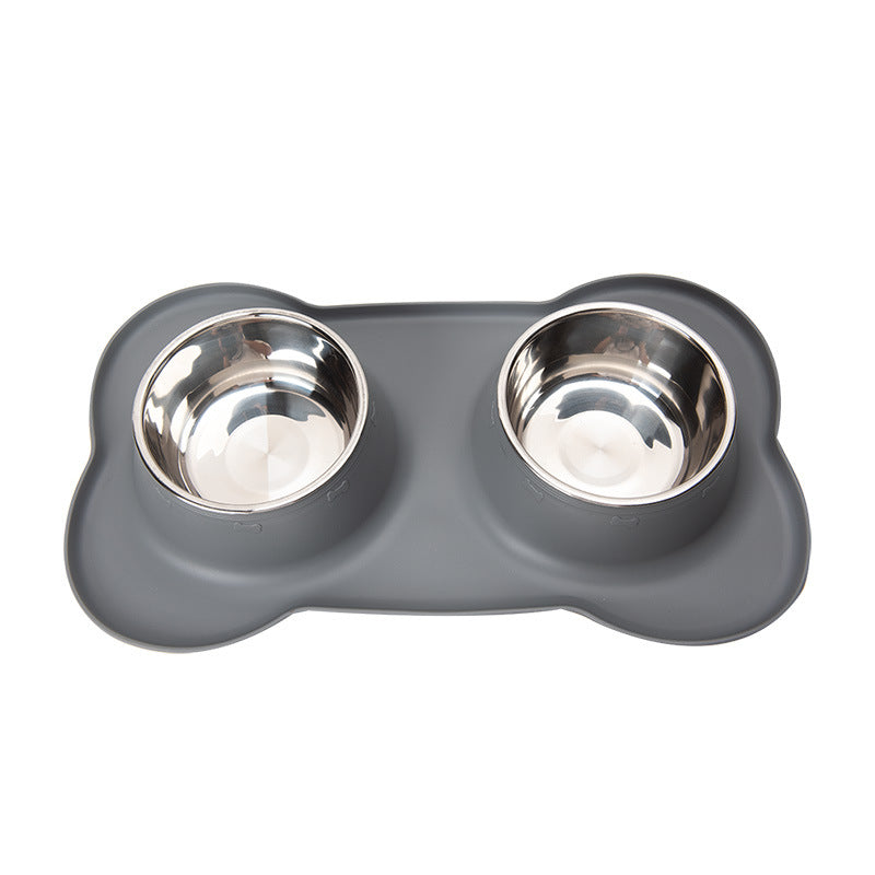 Grey Non-Slip Stainless Steel Double Pet Bowl Set with Spill-Resistant Silicone Mat - 45cm x 27cm
