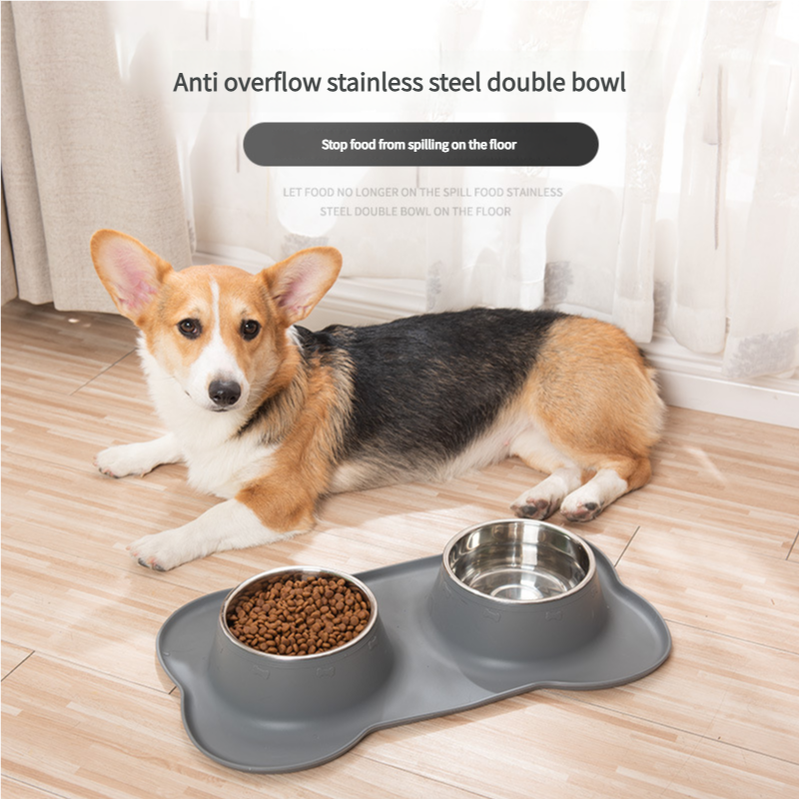 Grey Non-Slip Stainless Steel Double Pet Bowl Set with Spill-Resistant Silicone Mat - 45cm x 27cm