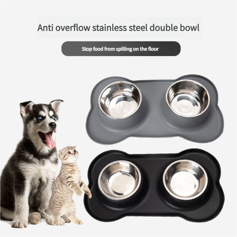 Grey Non-Slip Stainless Steel Double Pet Bowl Set with Spill-Resistant Silicone Mat - 45cm x 27cm