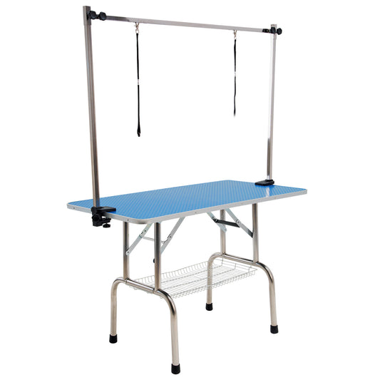 Pet Grooming Salon Table - Dual 120cm Adjustable, Foldable & Mobile - BLUE