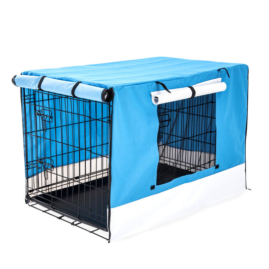 Wire Dog Crate - Foldable 48" With Tray + BLUE Cover Combo