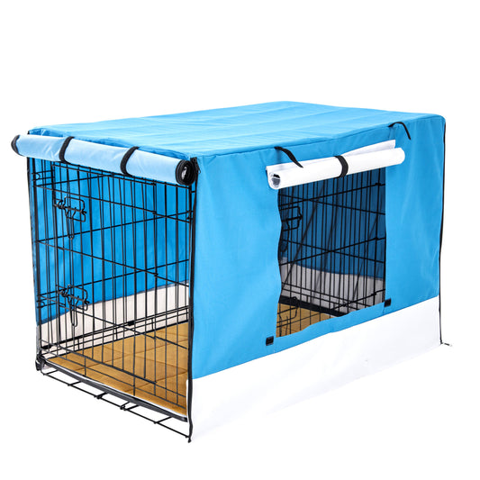 Wire Dog Crate 48" With Tray + Cushion Mat + BLUE Cover Combo