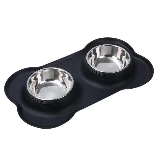 Black Non-Slip Stainless Steel Double Pet Bowl Set with Spill-Resistant Silicone Mat - 45cm x 27cm