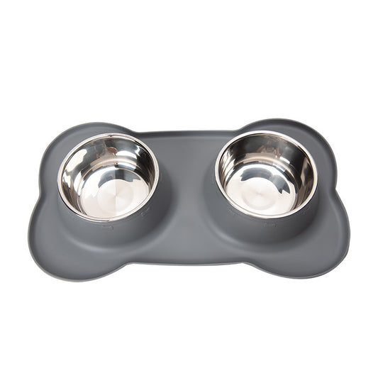 Grey Non-Slip Stainless Steel Double Pet Bowl Set with Spill-Resistant Silicone Mat - 45cm x 27cm