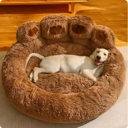 Brown Plush Dog Bed with Paw Design - Medium to Large Dogs