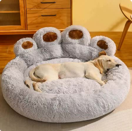 Light Blue Plush Dog Bed with Paw Design - Medium to Large Dogs