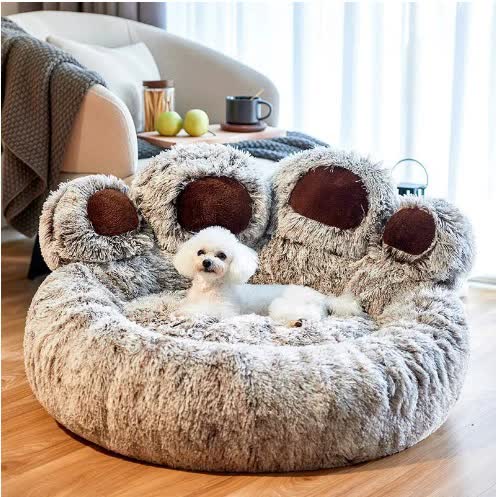 Grey Plush Dog Bed with Paw Design - Medium to Large Dogs